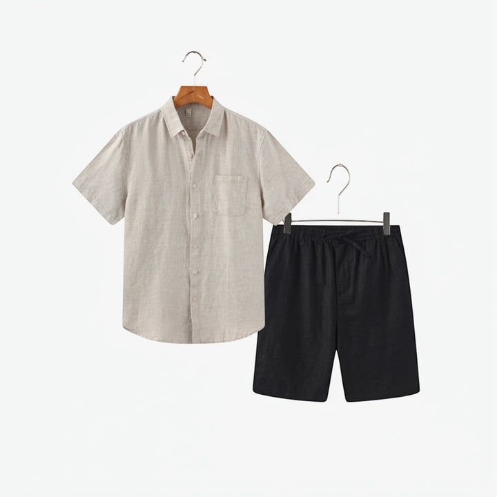 Men's lightweight summer shirt and shorts matching set, offering a relaxed fit for hot weather comfort.