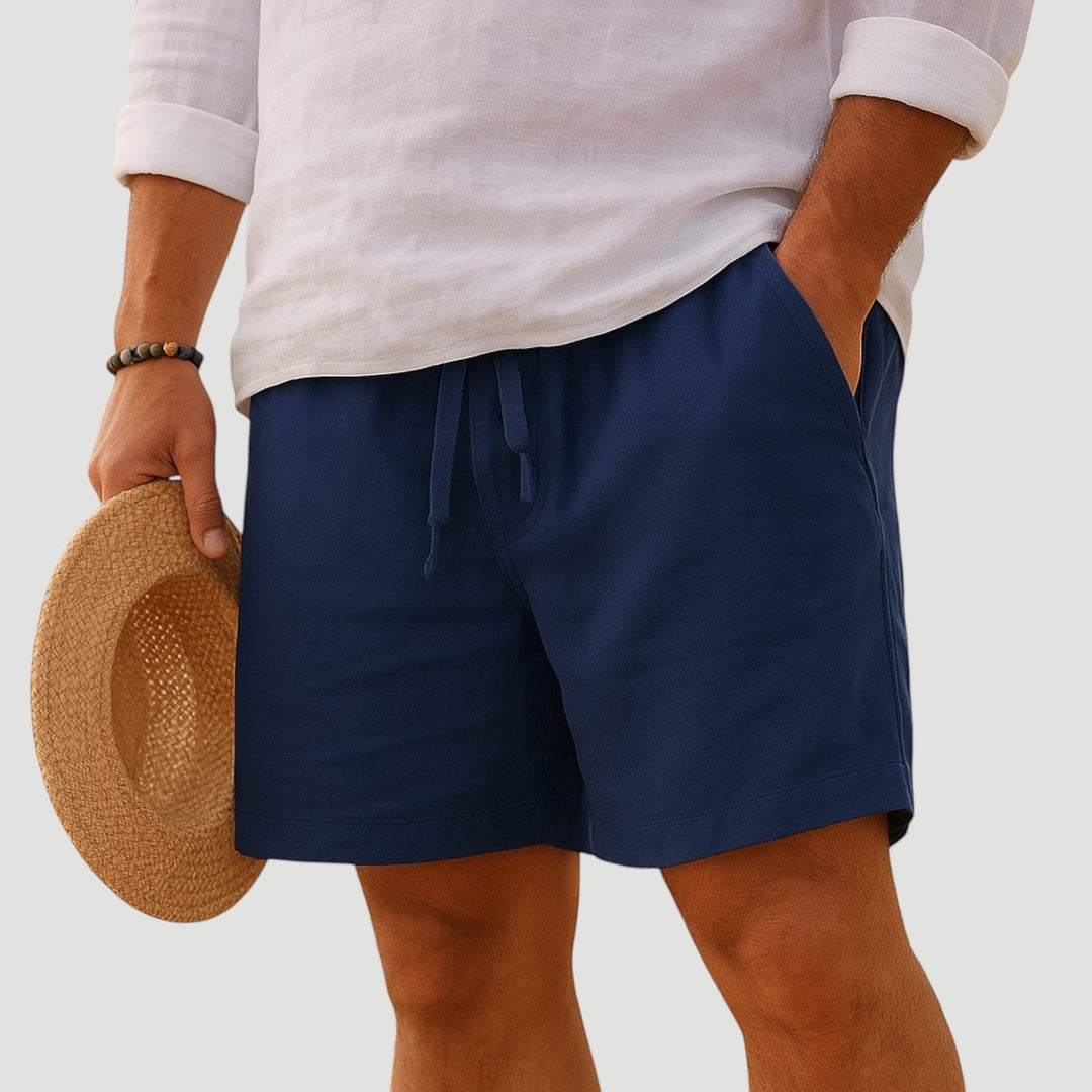 Close-up of breathable lightweight fabric on men's summer shorts, highlighting ultimate comfort fit for active wear.
