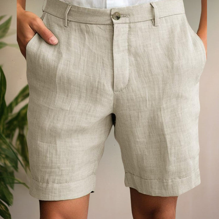 Men's lightweight tan chino shorts. Perfect for casual summer style & warm weather comfort.