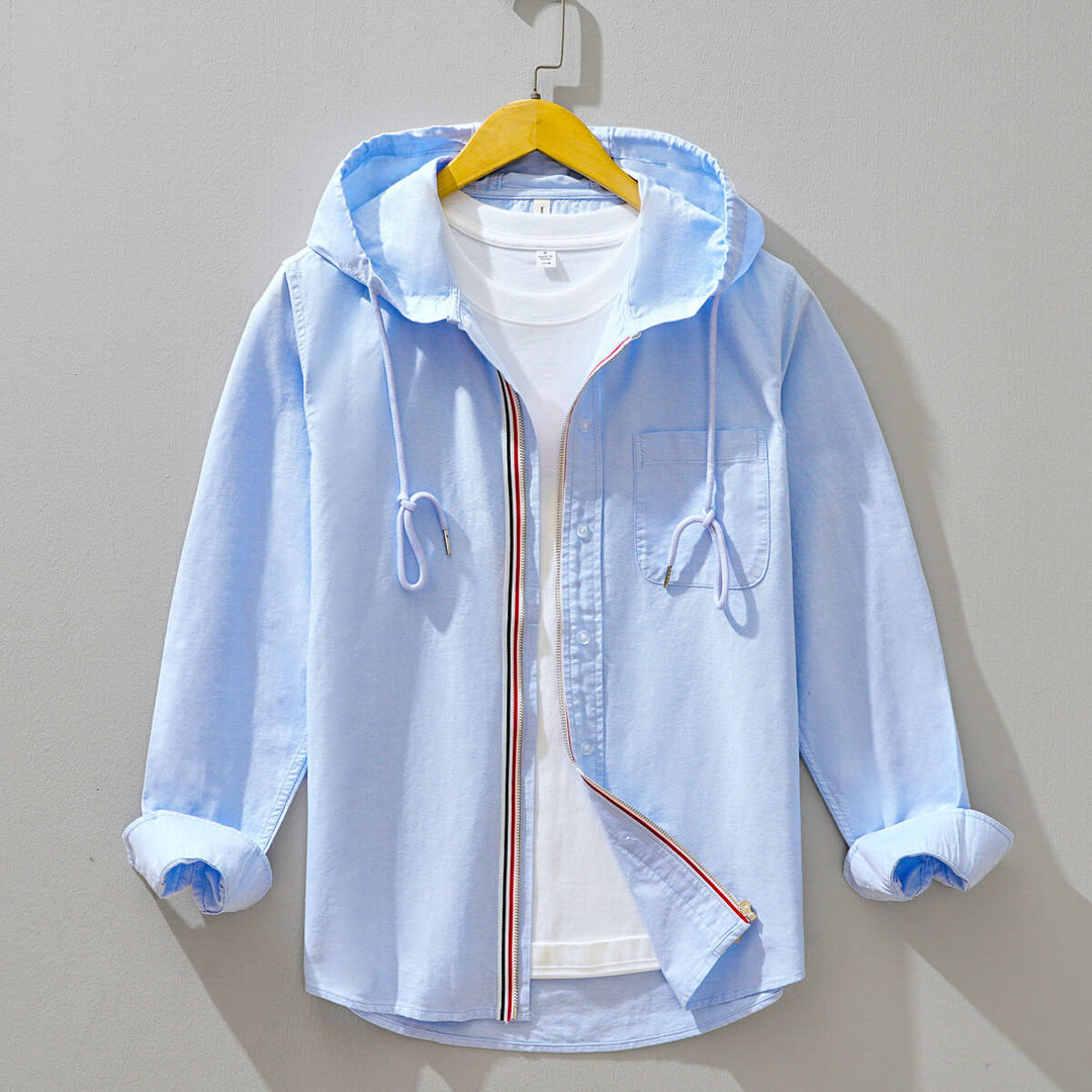 Men's lightweight urban hooded jacket in sky blue, perfect for spring & autumn smart casual layering. MVB26.