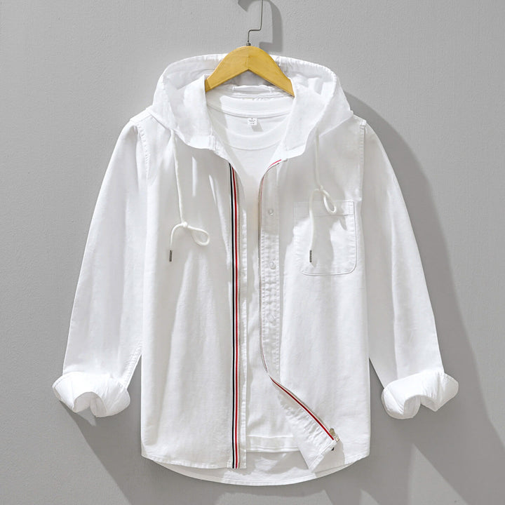 Versatile men's urban utility hooded jacket in cloud white. Ideal lightweight outerwear for streetwear & casual looks.