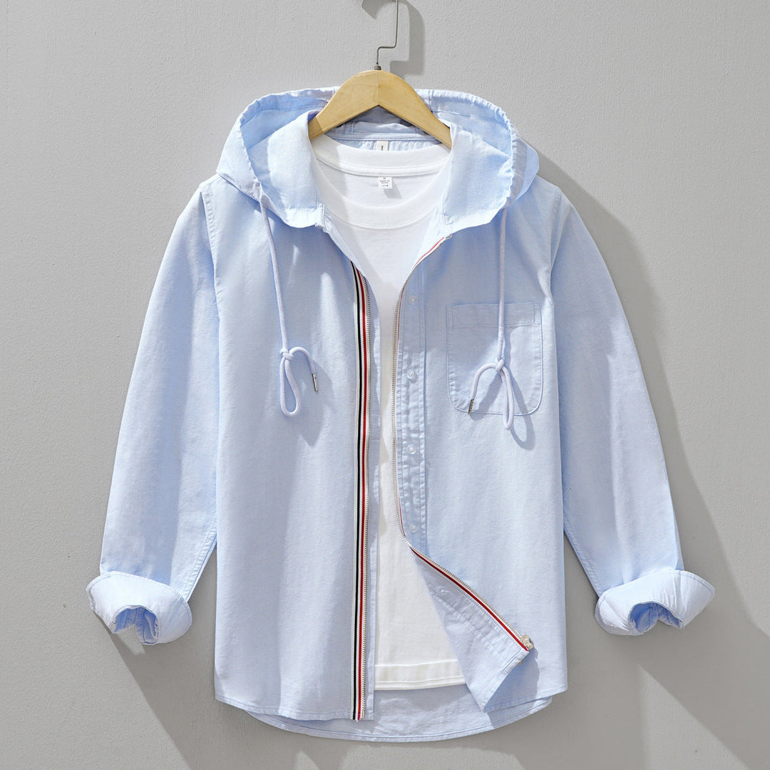 Sky blue men's urban hooded jacket. Lightweight outerwear with practical design, great for everyday smart casual style.