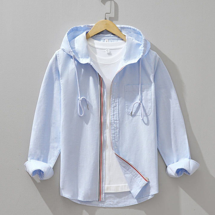 Sky blue men's urban hooded jacket. Lightweight outerwear with practical design, great for everyday smart casual style.
