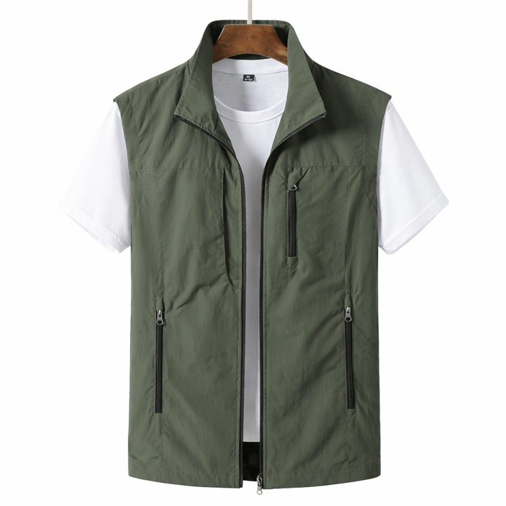 Men's lightweight utility gilet vest with zip front for casual outdoor layering.