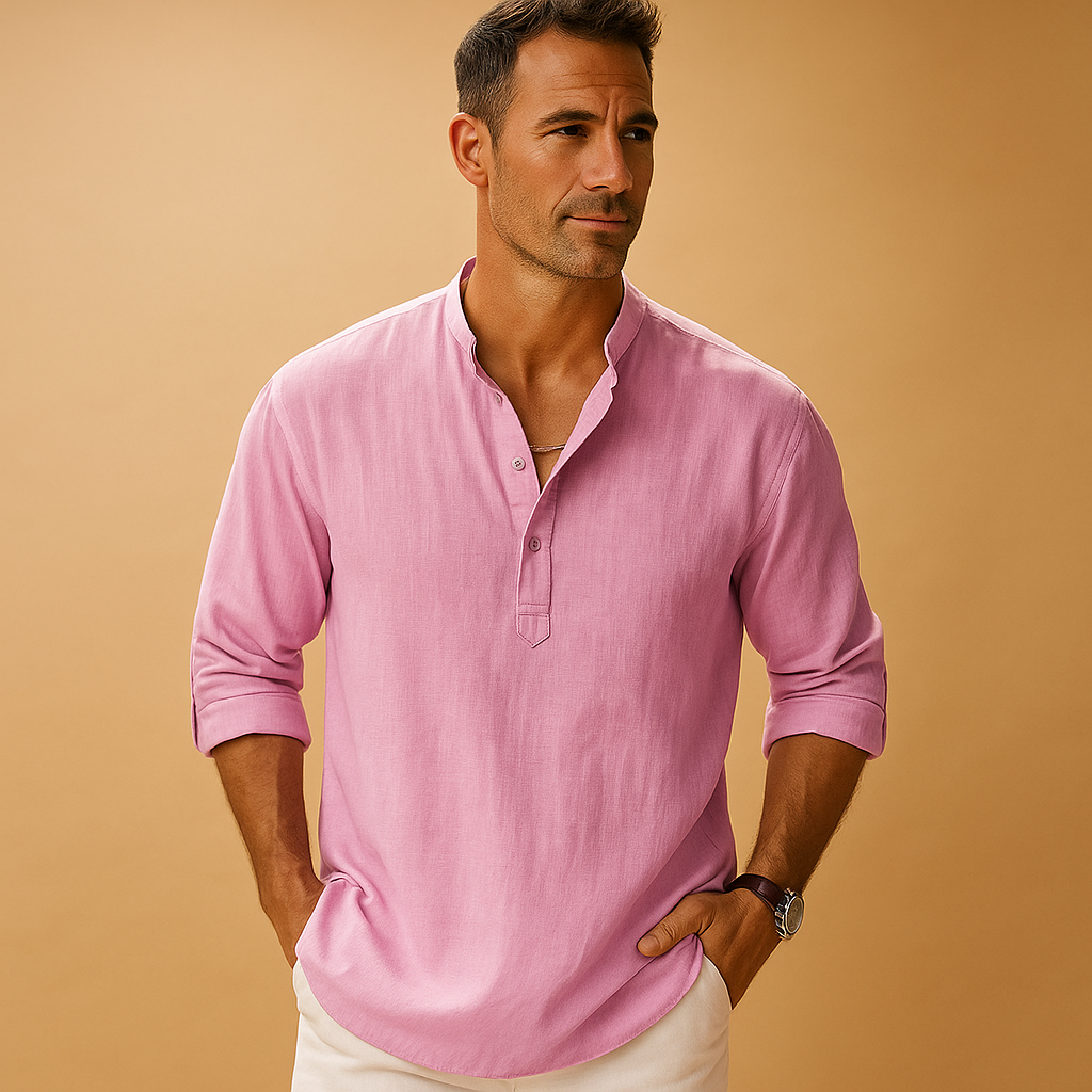 Breathable men's V neck long sleeve shirt, ideal lightweight top for comfortable summer outfits and versatile wear.