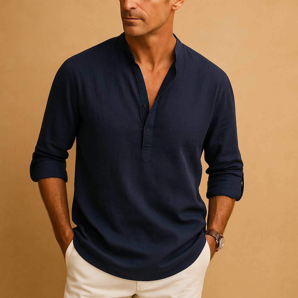 Versatile men's V neck long sleeve shirt for smart casual or relaxed summer wear, a key men's fashion piece.