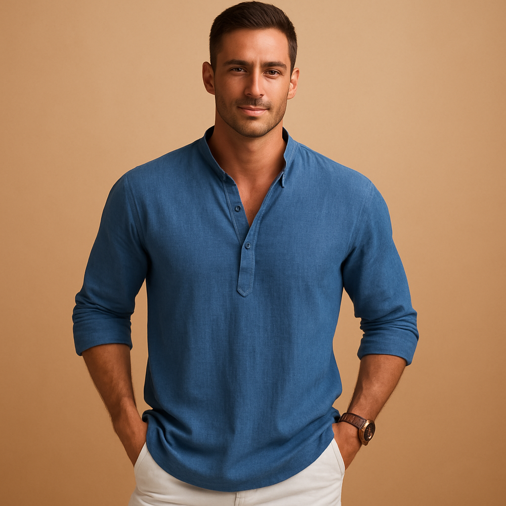 Men's casual V neck long sleeve shirt, great for summer evenings or relaxed daytime outfits, highly breathable.