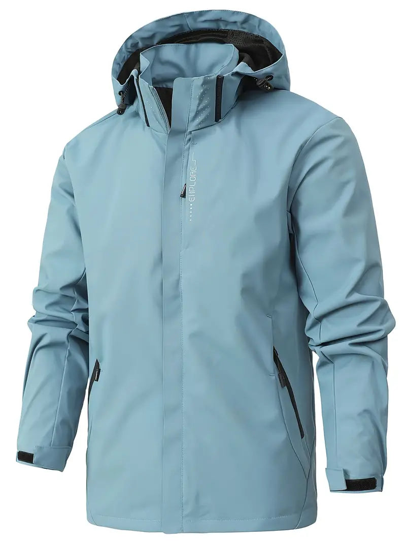 Grey men's lightweight water-resistant jacket, designed for activewear, travel, & casual outings.
