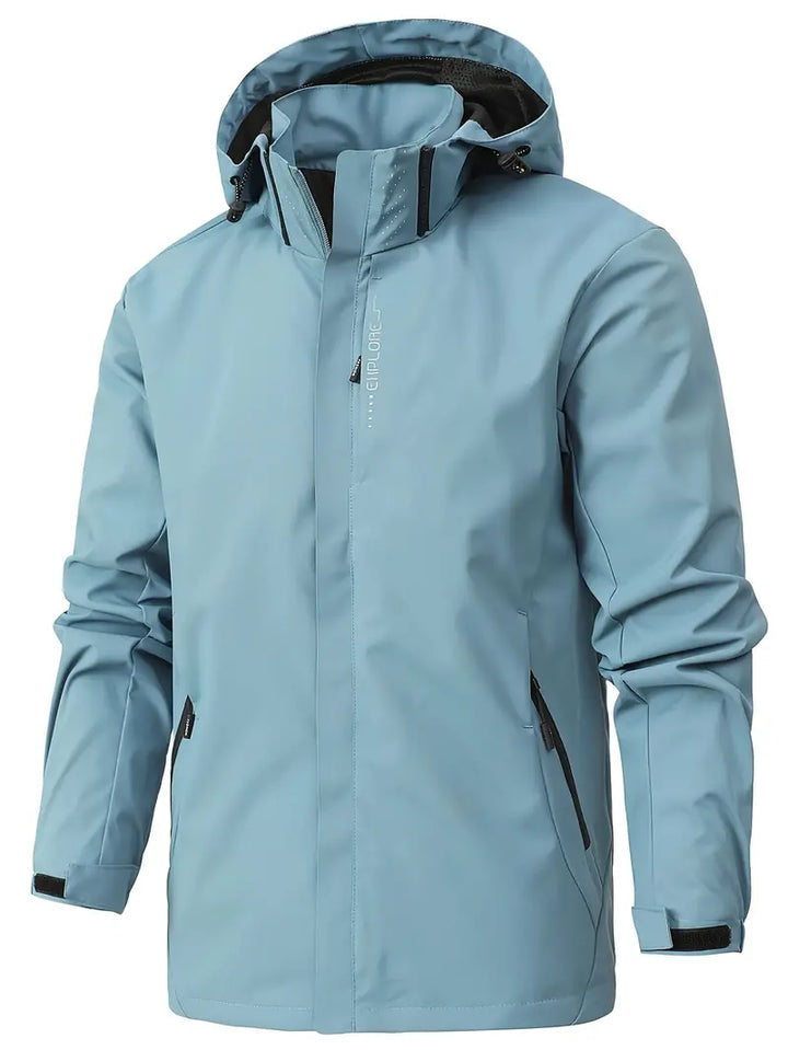 Grey men's lightweight water-resistant jacket, designed for activewear, travel, & casual outings.