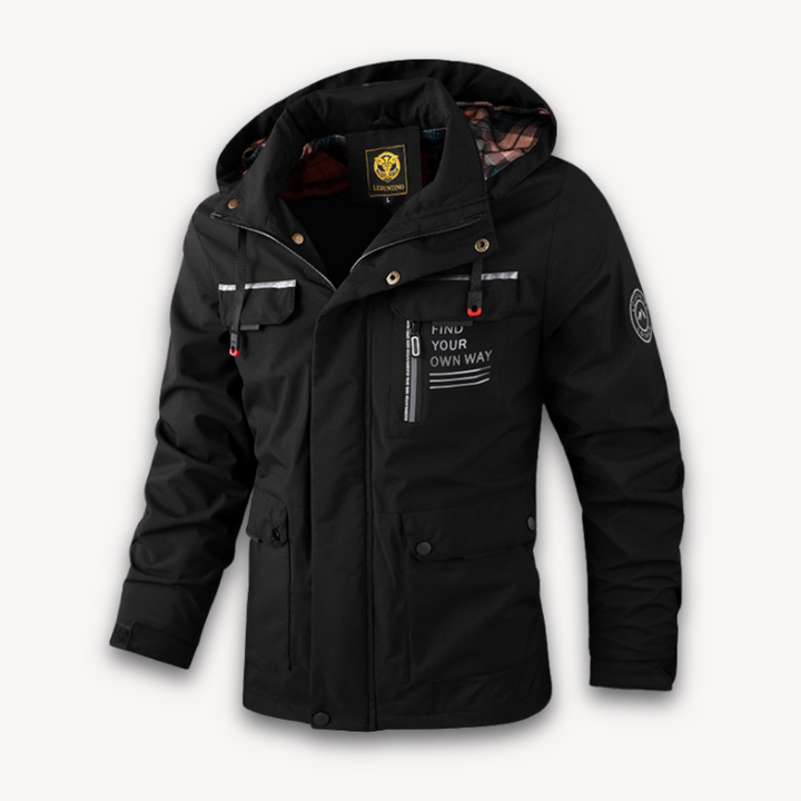 Fashionable men's all-weather jacket. Waterproof, hooded, and lightweight, it's the ultimate summer rain jacket.