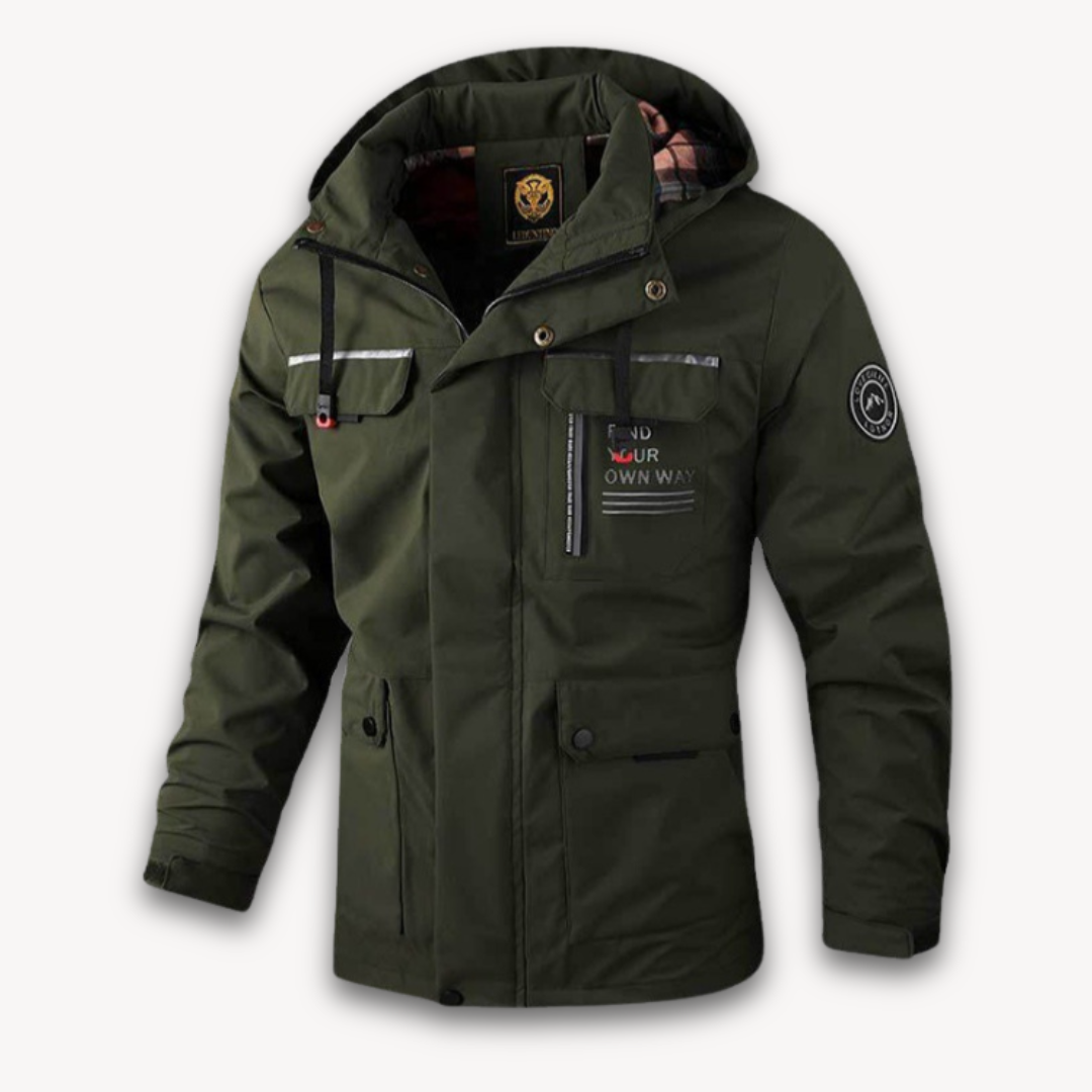 Men's waterproof hooded jacket in action. Lightweight summer rain jacket for hiking, cycling, or casual urban style.