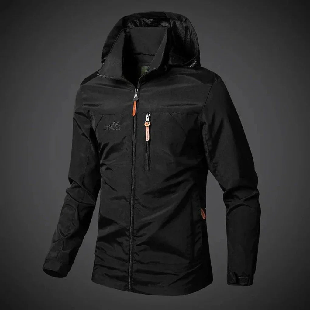 Versatile men's lightweight outdoor jacket. Waterproof windbreaker, full zip, great for summer casual style.