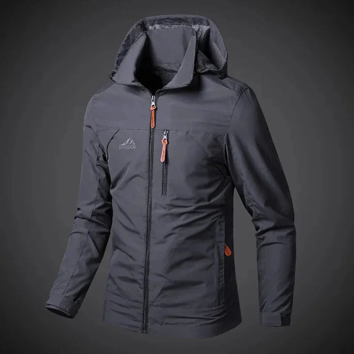 Embroidered men's lightweight waterproof wind jacket with full zip. Perfect outdoor and casual summer outerwear.
