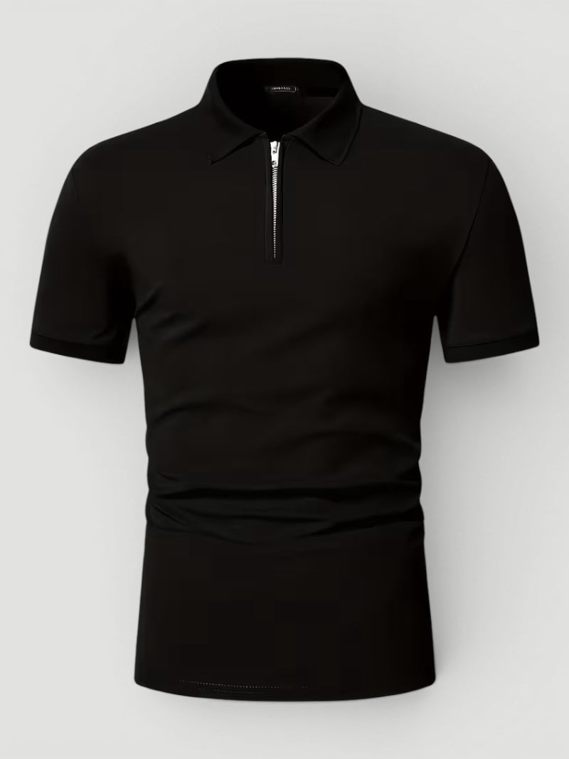 Men's casual zip polo shirt, short sleeve & lightweight for modern everyday wear.