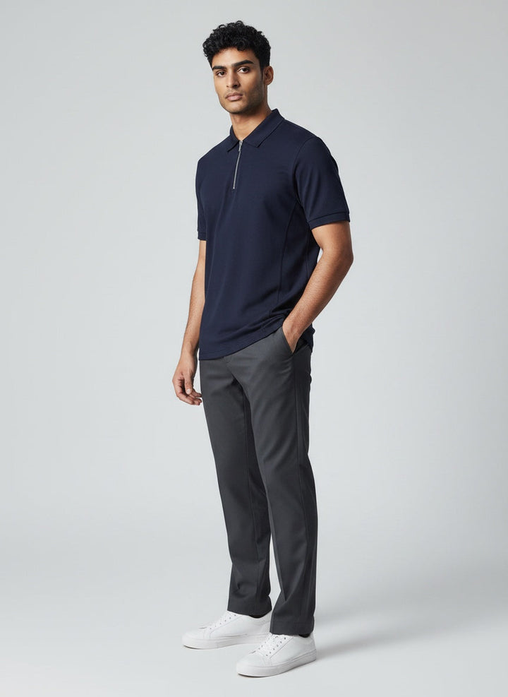 Modern men's short sleeve zip polo shirt, ideal for casual and everyday style.