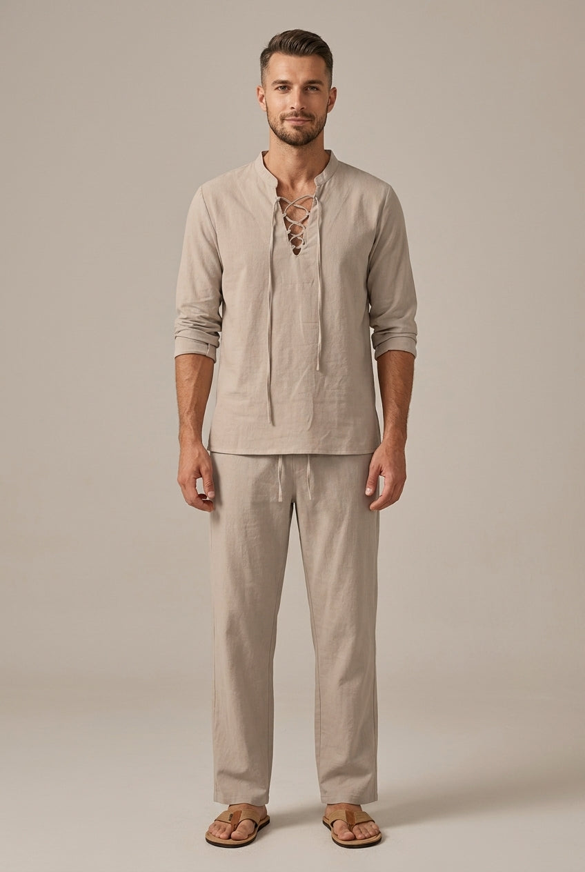 Men's linen blend two-piece set: V-neck long sleeve shirt & wide leg pants. Ideal for casual summer resort wear.