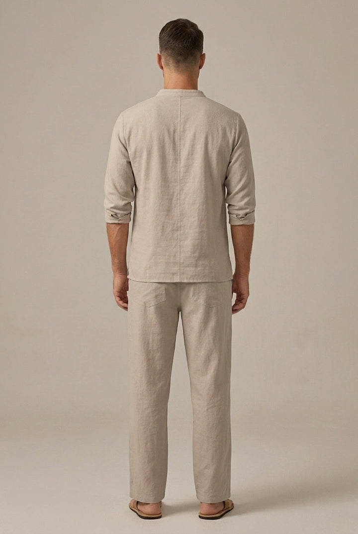 Casual men's linen blend outfit in khaki, featuring a v-neck long sleeve top & breathable wide leg pants.