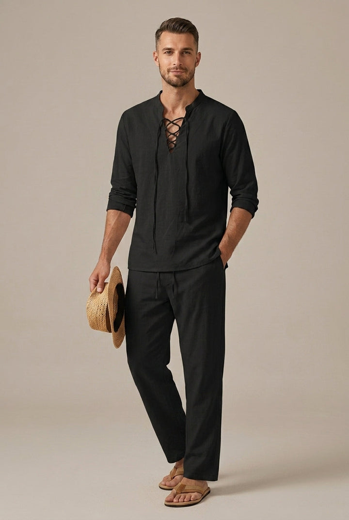 Breathable men's linen blend long sleeve v-neck shirt & wide leg pants set in white. Comfortable casual resort wear.