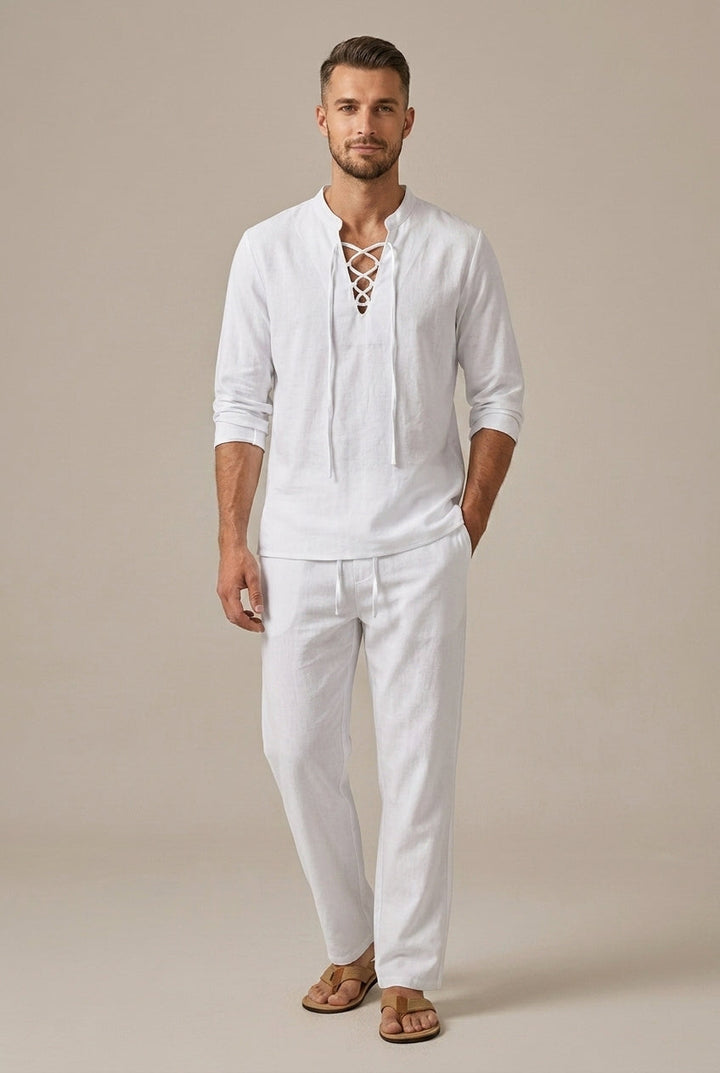 Modern black linen blend two-piece set for men, featuring a relaxed v-neck long sleeve top & wide leg pants.