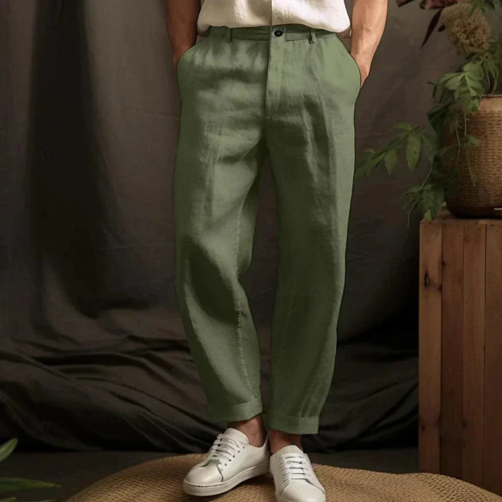 Stylish men's linen casual pants for summer. Relaxed fit, straight leg, and breathable, great for vacation or daily wear.