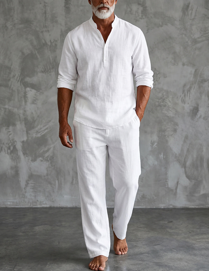 Men's linen henley shirt and relaxed trousers two-piece set, perfect for summer casual wear & stylish vacation outfits.