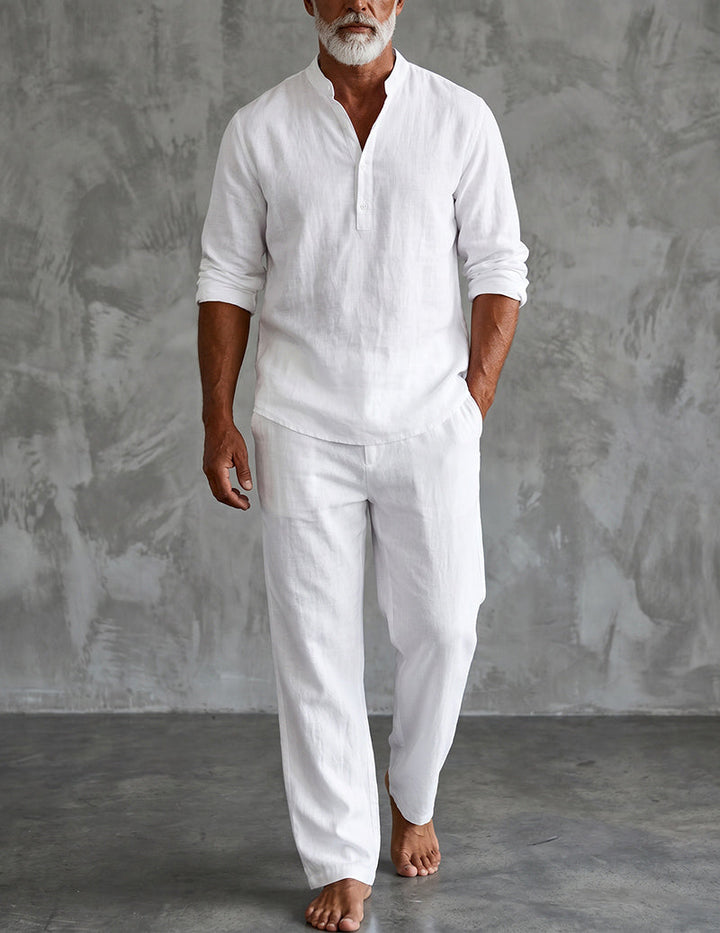 Men's linen henley shirt and relaxed trousers two-piece set, perfect for summer casual wear & stylish vacation outfits.