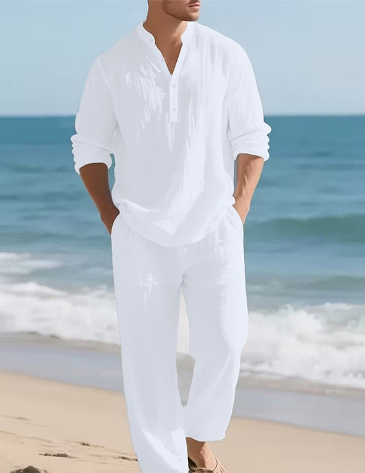 Comfortable men's linen henley & relaxed fit trousers set. Ideal for casual summer days, beach trips, or travel.