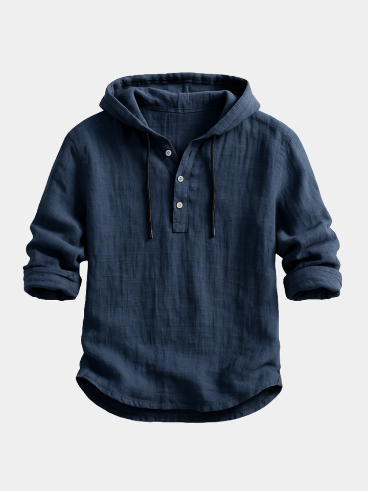 Men's linen hooded shirt, relaxed fit for breezy comfort & casual summer style.