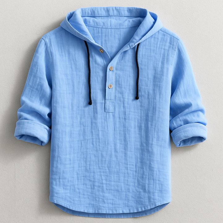 Casual men's long sleeve hooded linen shirt, perfect for everyday wear & spring outfits.
