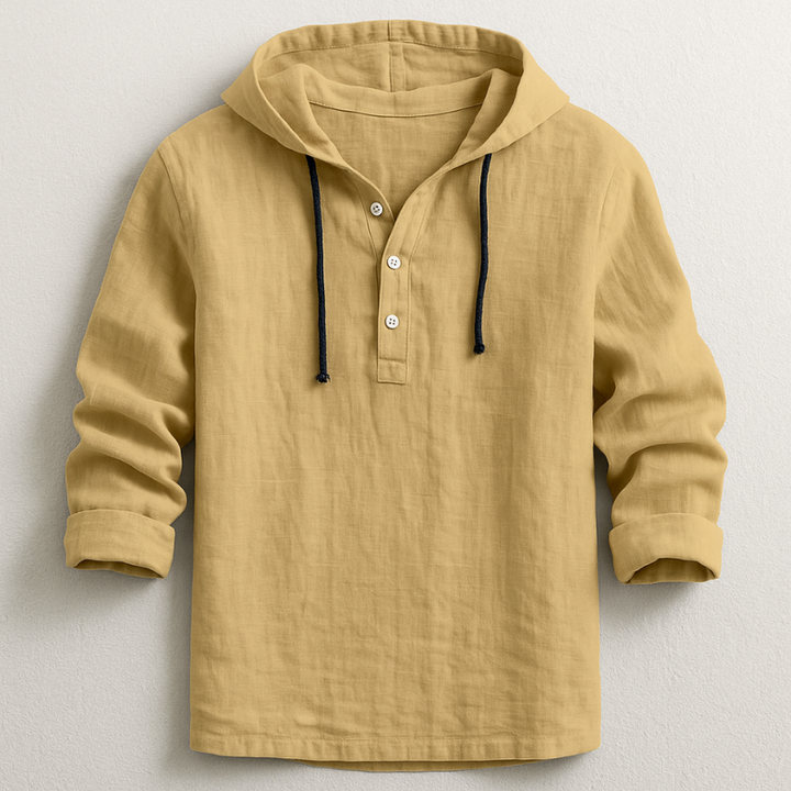 Effortless men's button-down hooded linen shirt, ideal for breezy vacation & summer fashion.