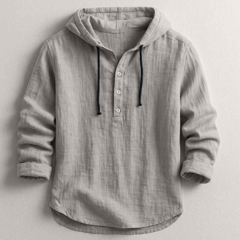 Comfortable men's hooded linen top, offering a relaxed fit for stylish spring and summer wear.