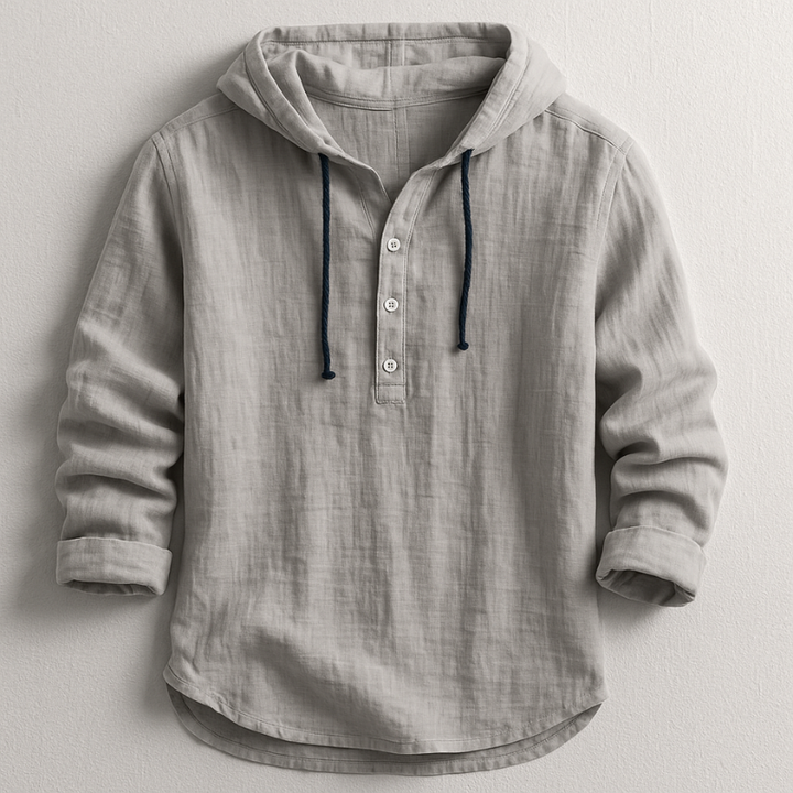Comfortable men's hooded linen top, offering a relaxed fit for stylish spring and summer wear.