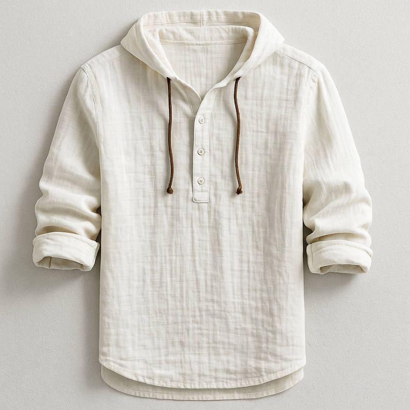 Men's hooded linen shirt, combining breezy comfort with versatile casual style for menswear.