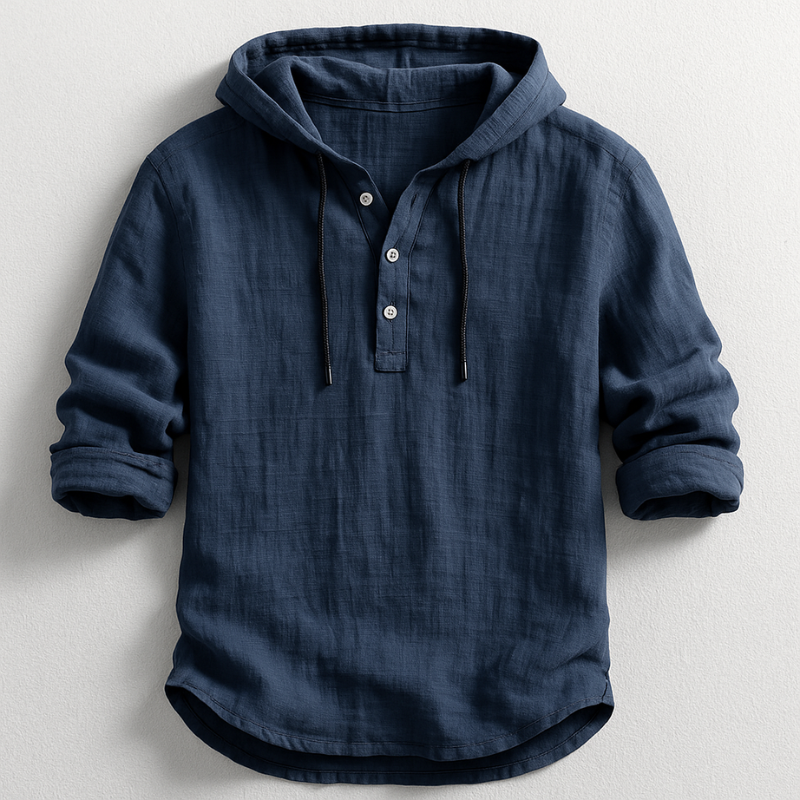 Stylish men's long sleeve hooded linen shirt, perfect for casual comfort and relaxed summer looks.