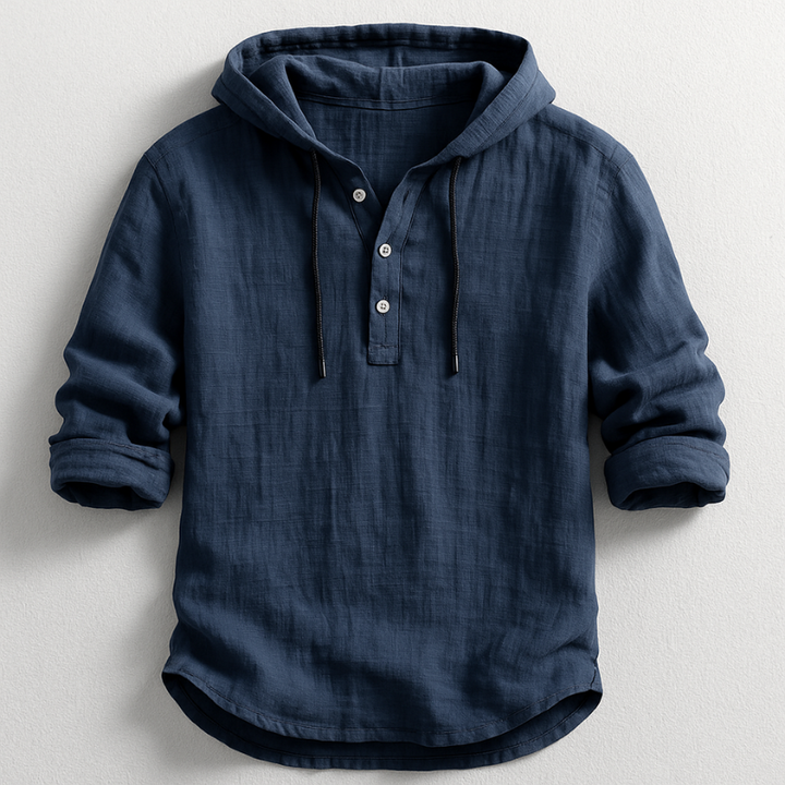 Stylish men's long sleeve hooded linen shirt, perfect for casual comfort and relaxed summer looks.