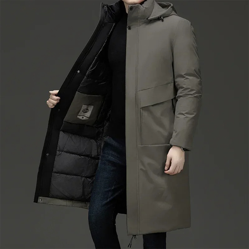 Men's long hooded winter coat. Stylish & warm padded outerwear for cold weather fashion and protection.