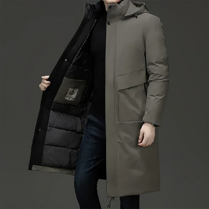 Men's long hooded winter coat. Stylish & warm padded outerwear for cold weather fashion and protection.
