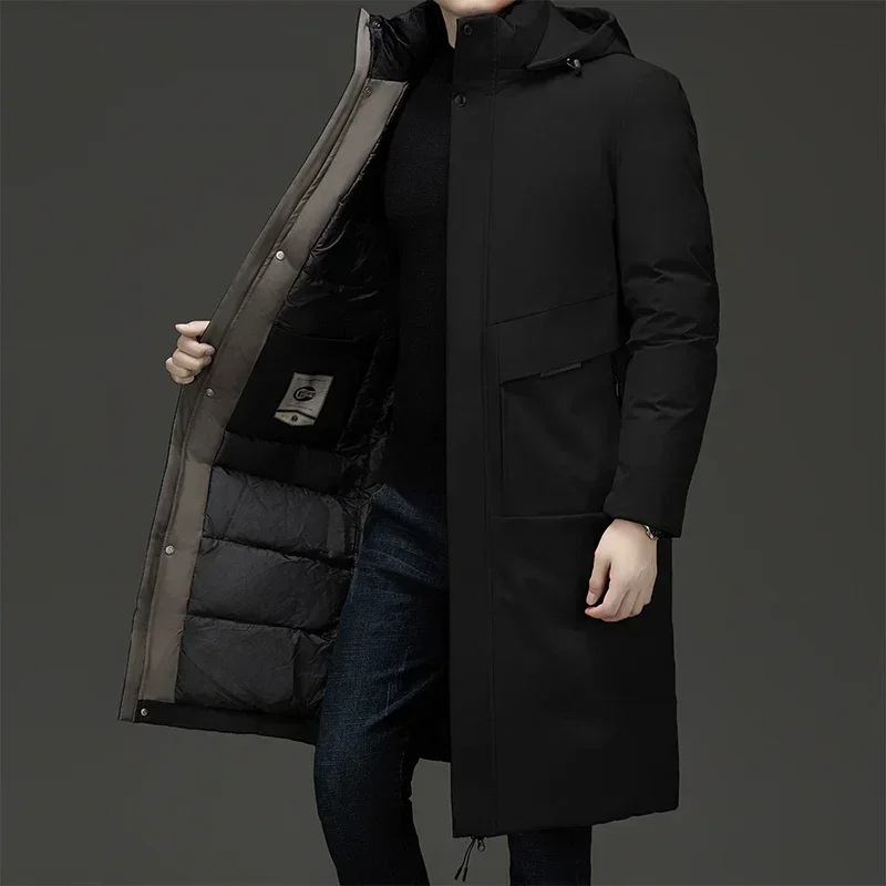 Padded men's hooded long coat. Ideal winter jacket for keeping warm and stylish in cold weather.
