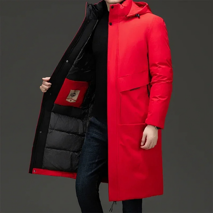 Elegant men's long hooded coat, perfect winter outerwear for stylish cold weather fashion.
