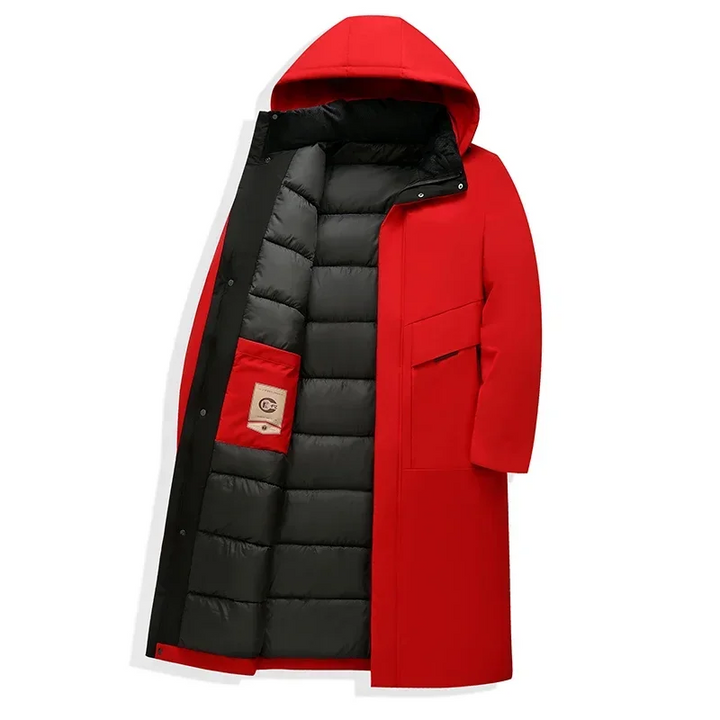 Stylish men's hooded long coat for winter. Premium outerwear for cold weather fashion and warmth.