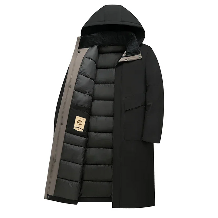 Fashionable men's long hooded coat. Essential winter outerwear for warmth and style in cold climates.