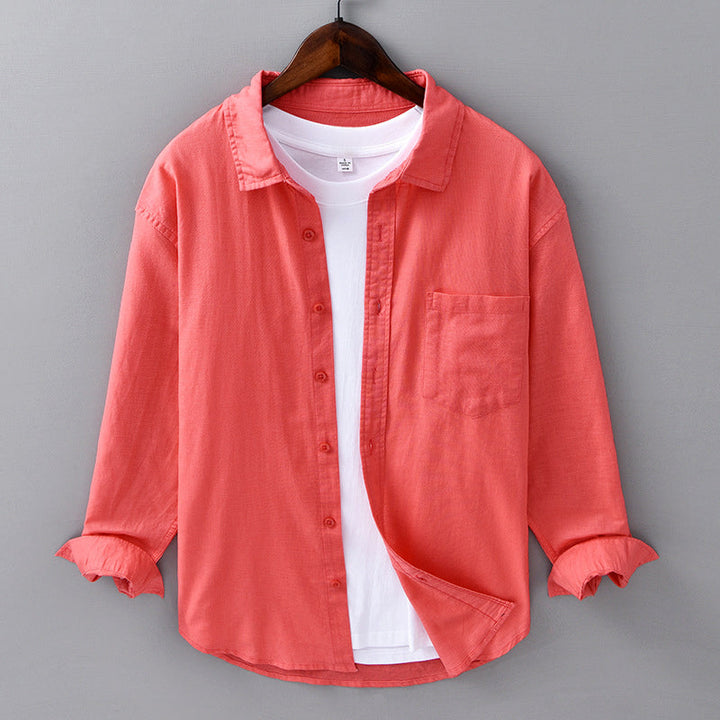 Crisp men's casual button-down shirt, long sleeve design for breathable summer fashion. Perfect for any man.