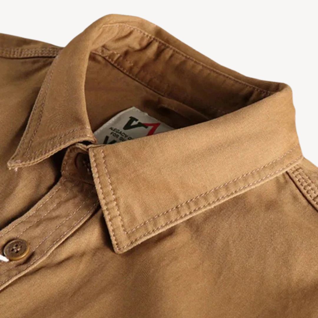 Men's collared cargo work shirt, practical and durable long-sleeve button-up. Great for everyday casual & outdoor utility.