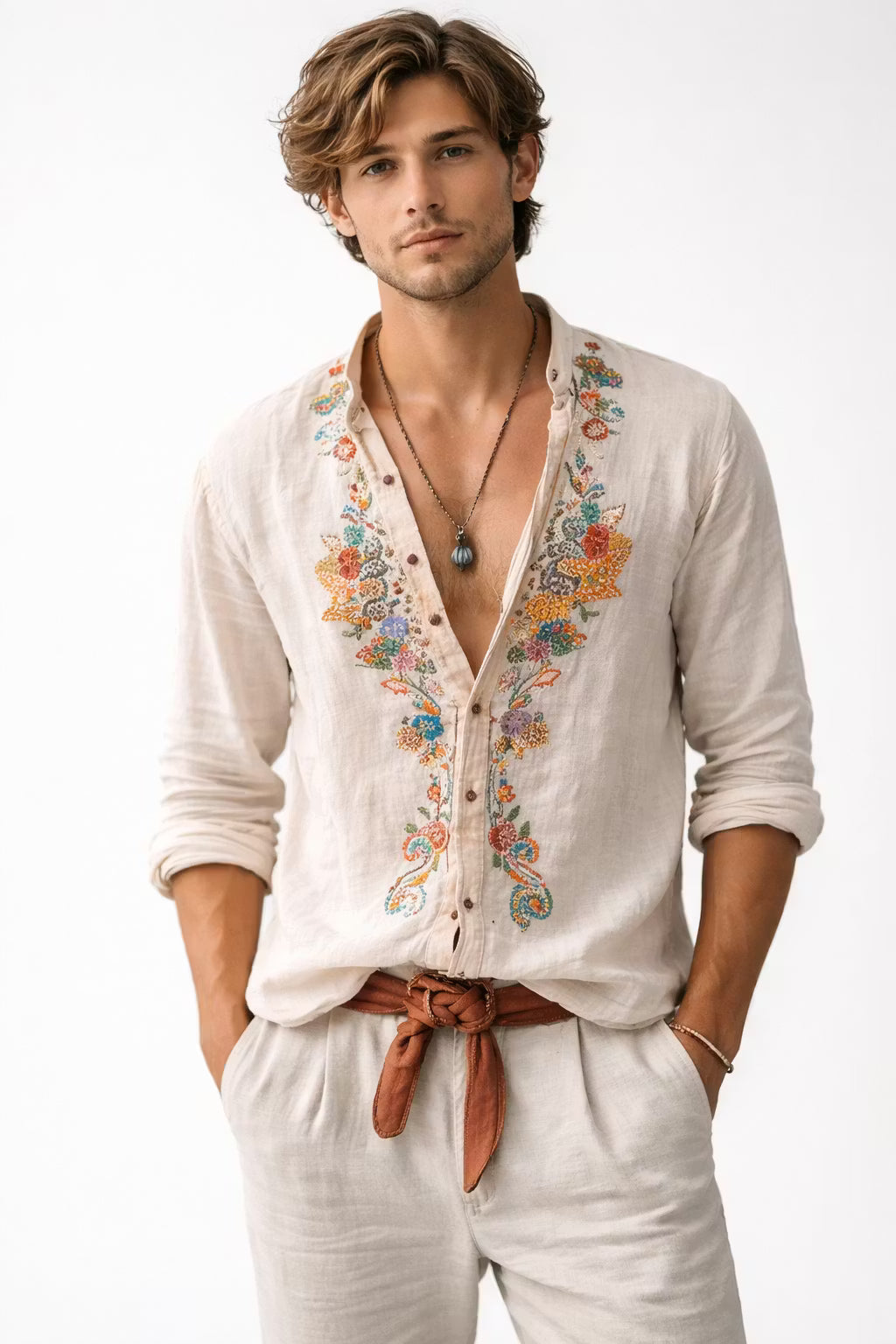 Men's long sleeve casual shirt with elegant floral embroidery, ideal for spring & summer smart casual wear.