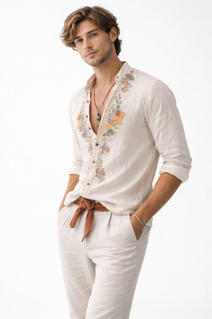 Relaxed fit men's embroidered floral shirt, perfect for weekend wear, summer outings & versatile smart casual looks.