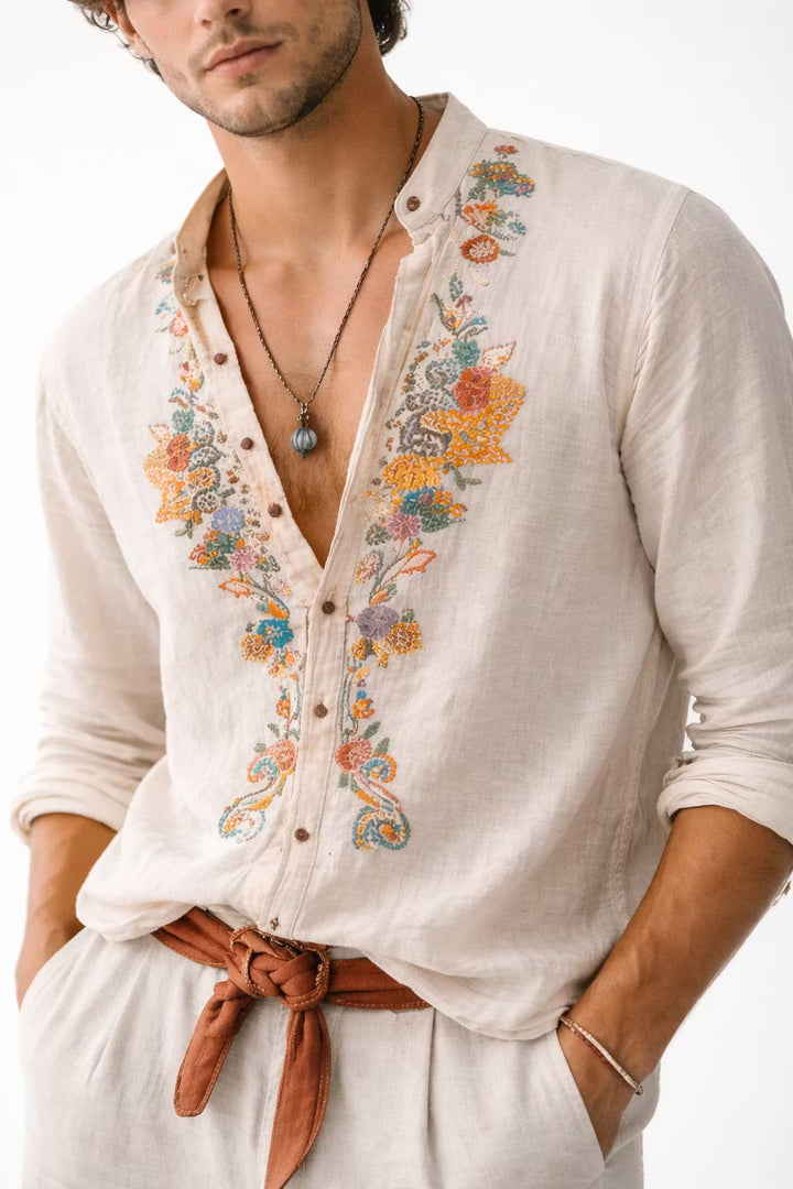 Stylish men's long sleeve shirt featuring intricate floral embroidery, a must-have for spring fashion & summer style.