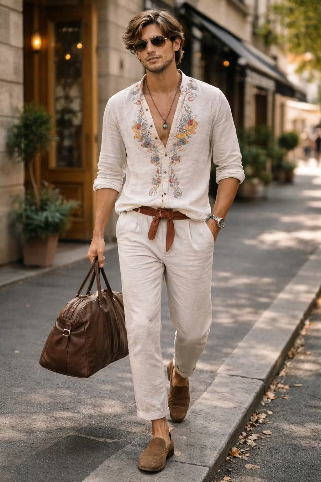 Elegant men's long sleeve casual shirt with intricate floral embroidery, perfect for a refined yet relaxed weekend style.