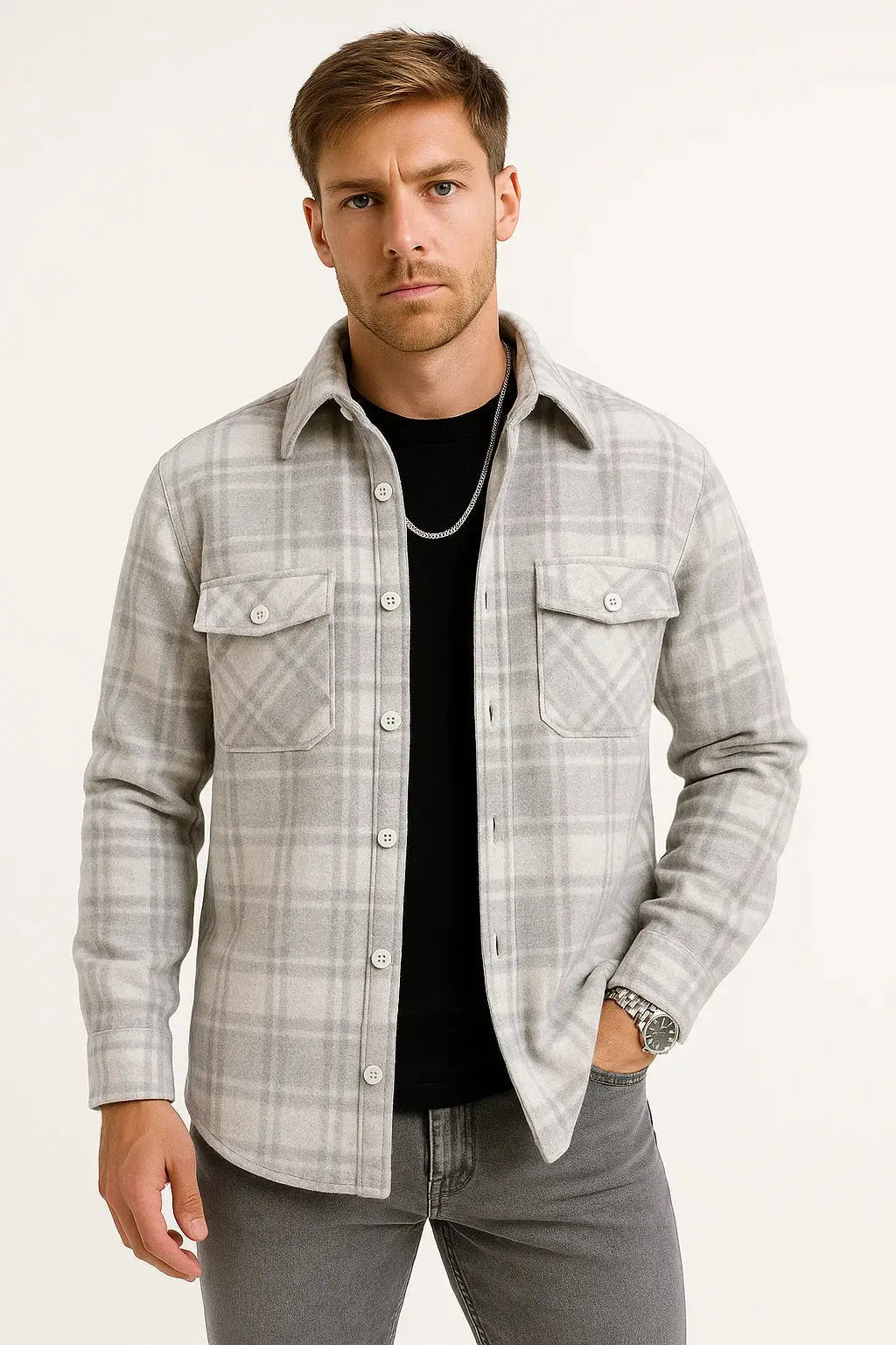 Men's long sleeve checkered casual shirt, button front, relaxed fit, perfect for everyday style & fall fashion.