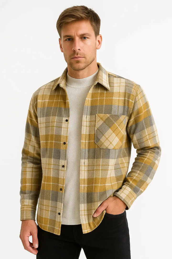 Versatile men's checkered long sleeve shirt for all seasons, great for layering or casual wear.