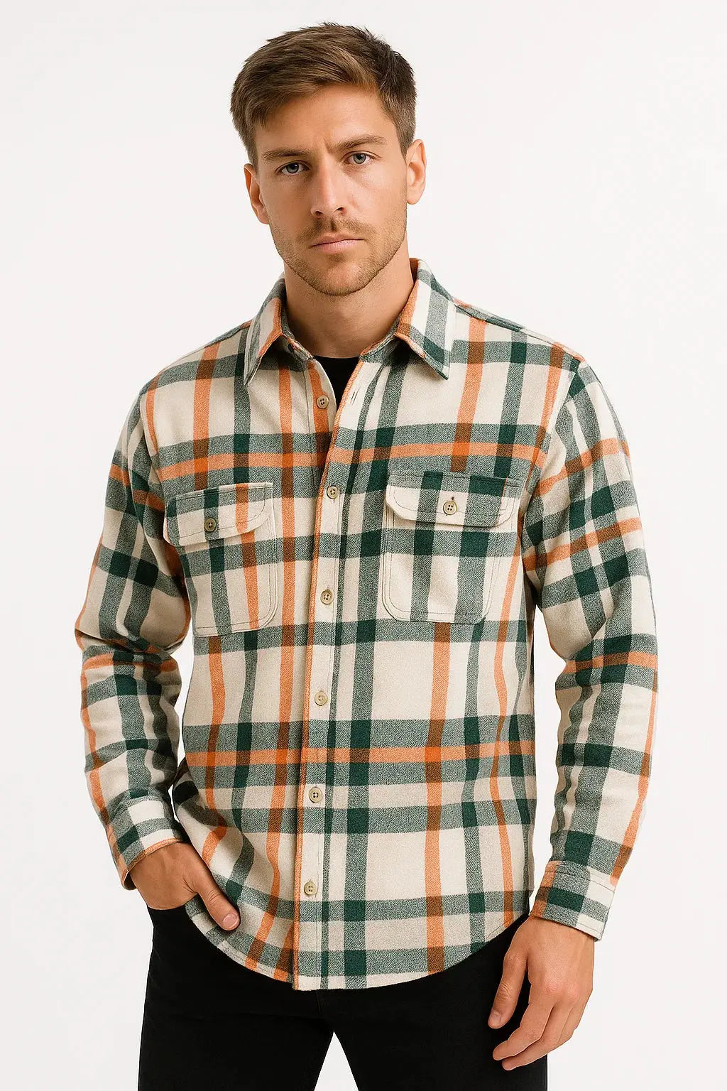 Relaxed fit men's casual checkered shirt with long sleeves and button front, ideal for winter wear.